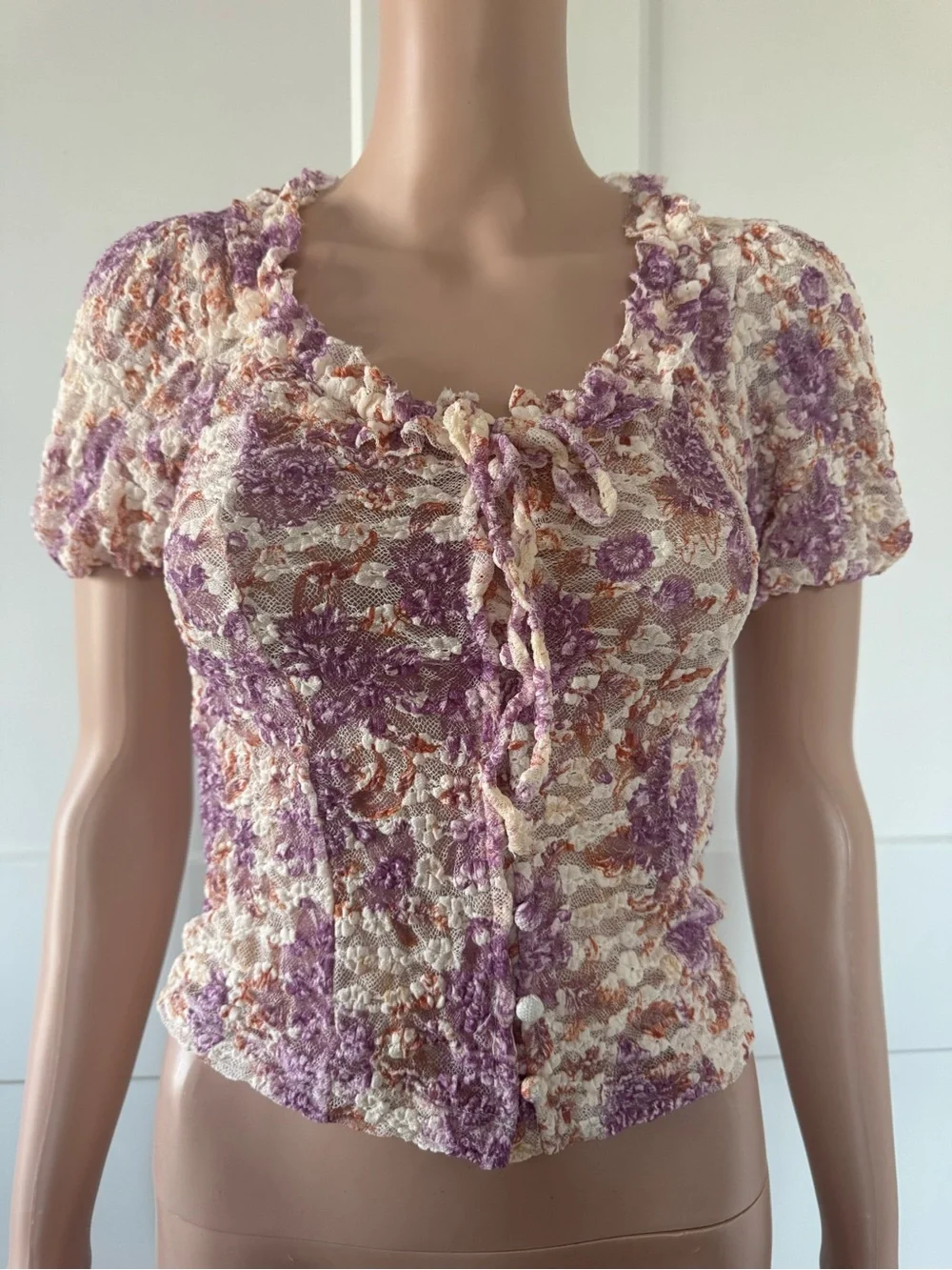 Anthropologie Purple Cream Lace Floral Ruffle Tie Puffy Sleeves Sheer Top XXS